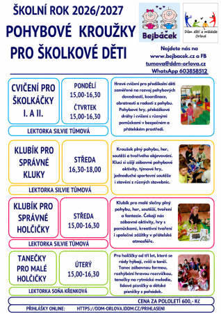 Nabídka odpoledních aktivit  pro školkové děti od tří let v Bejbáčku 